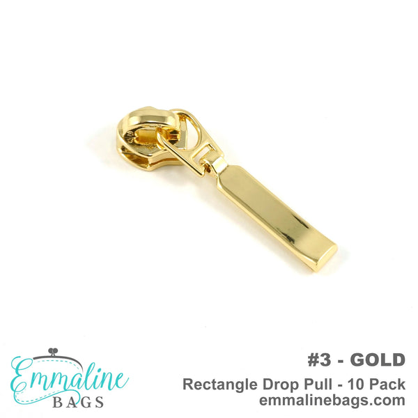 Gold Rectangle Drop Pulls for #3 Zipper Tape - Package of 10